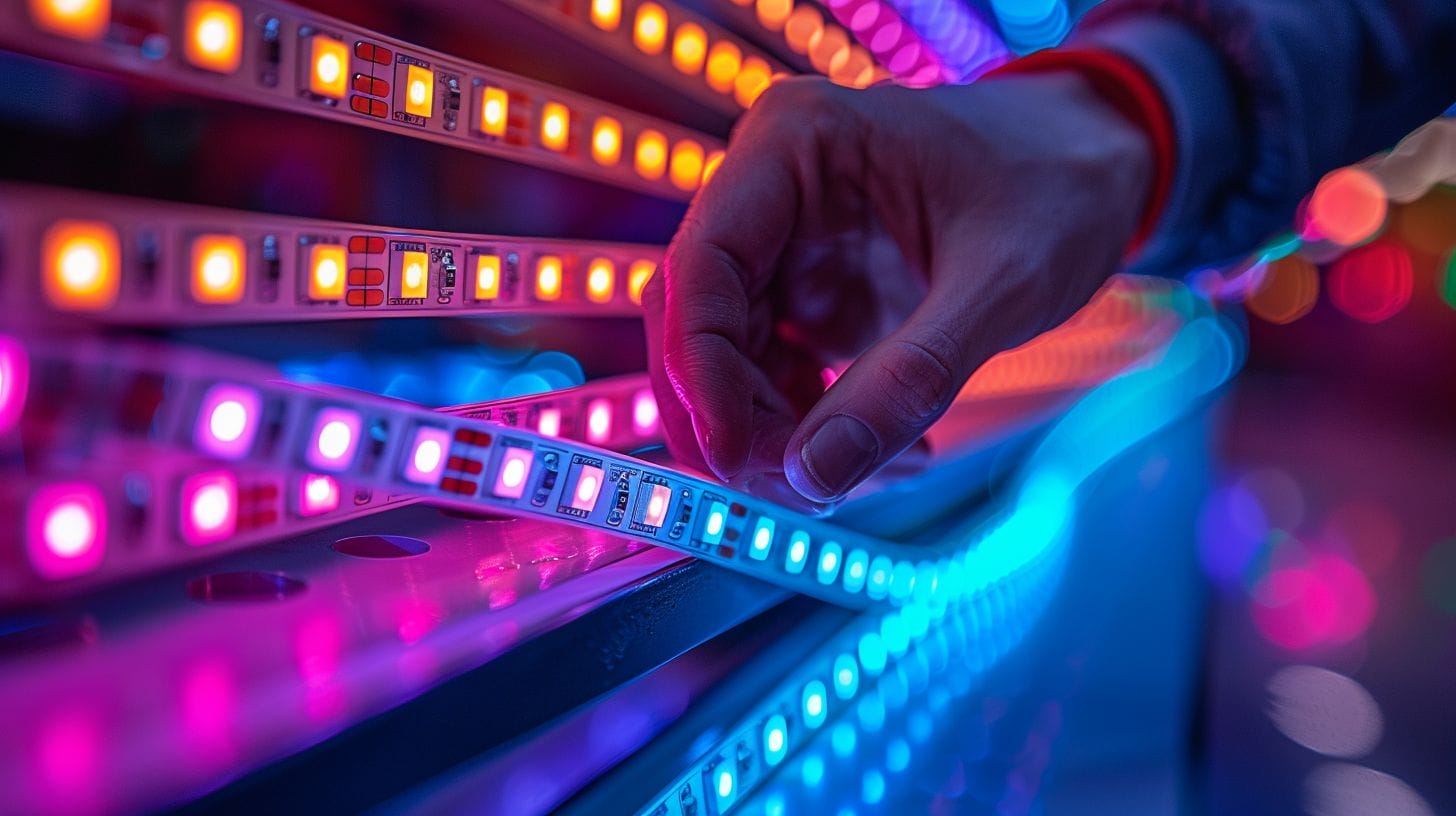 A person adjusting a LED light strip to display vibrant DIY colors, with a color wheel and paint samples for reference