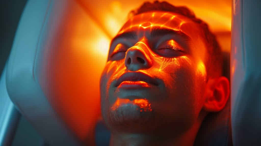 A person comfortably seated, face illuminated by a warm red LED light, depicting the skin rejuvenation and improved circulation benefits of red LED light therapy.