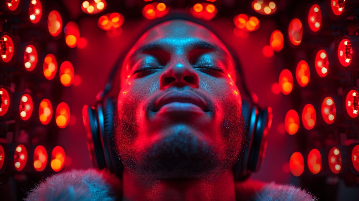 A person surrounded by the warm, crimson glow of red LED lights, illustrating the therapeutic benefits of red LED light therapy.