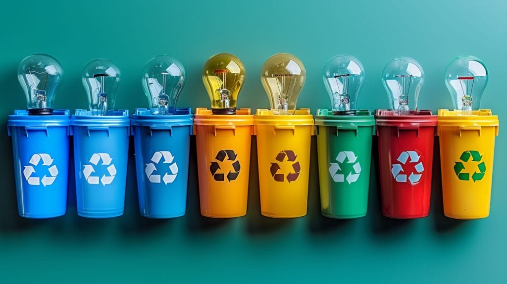 Are LED Lights Recyclable featuring a recycling bin filled with different types of LED light bulbs, highlighting correct disposal