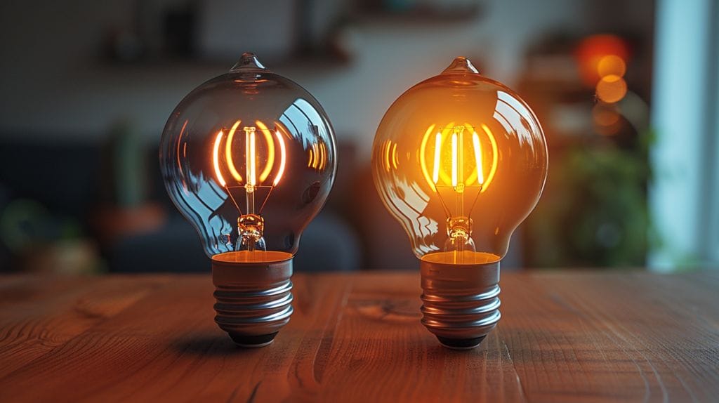 A side-by-side comparison of a 60-watt incandescent bulb and a 10-watt LED bulb
