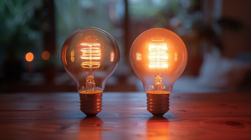 A side-by-side comparison of a 60-watt incandescent bulb and a 10-watt LED bulb, emphasizing energy savings and efficiency of LED lights