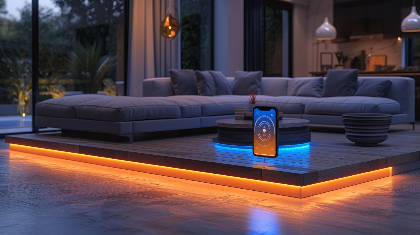 A smartphone emitting Bluetooth signals, wirelessly connected to a set of illuminating LED lights.