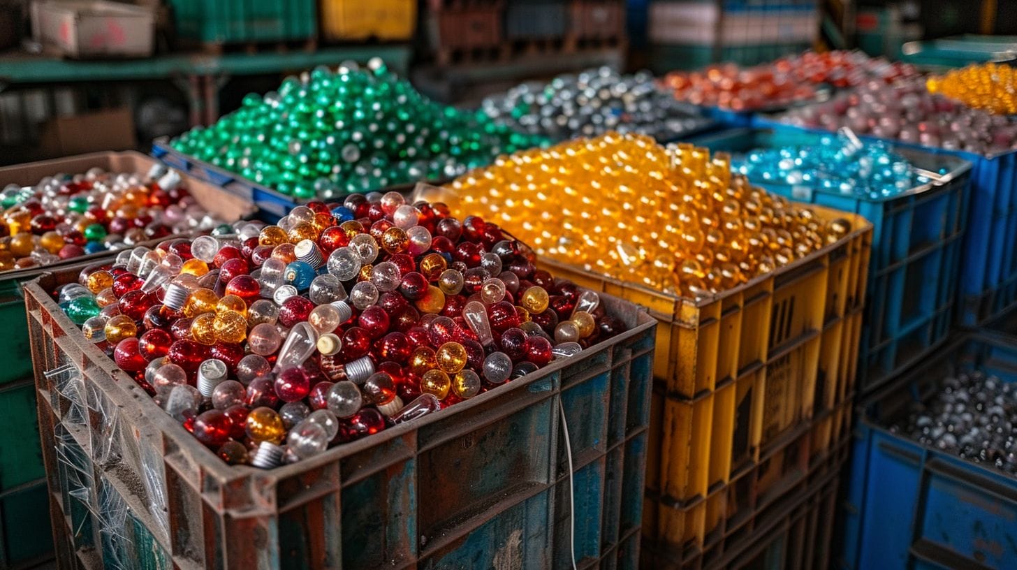 A variety of discarded light bulbs sorted into labeled recycling containers at a recycling facility.