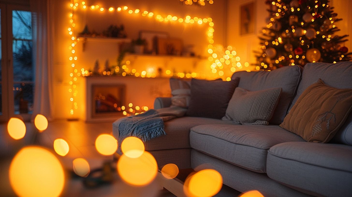 A warm and cozy living room lit by nostalgic incandescent Christmas lights, juxtaposed with a modern room brightly illuminated by energy-efficient LED lights.