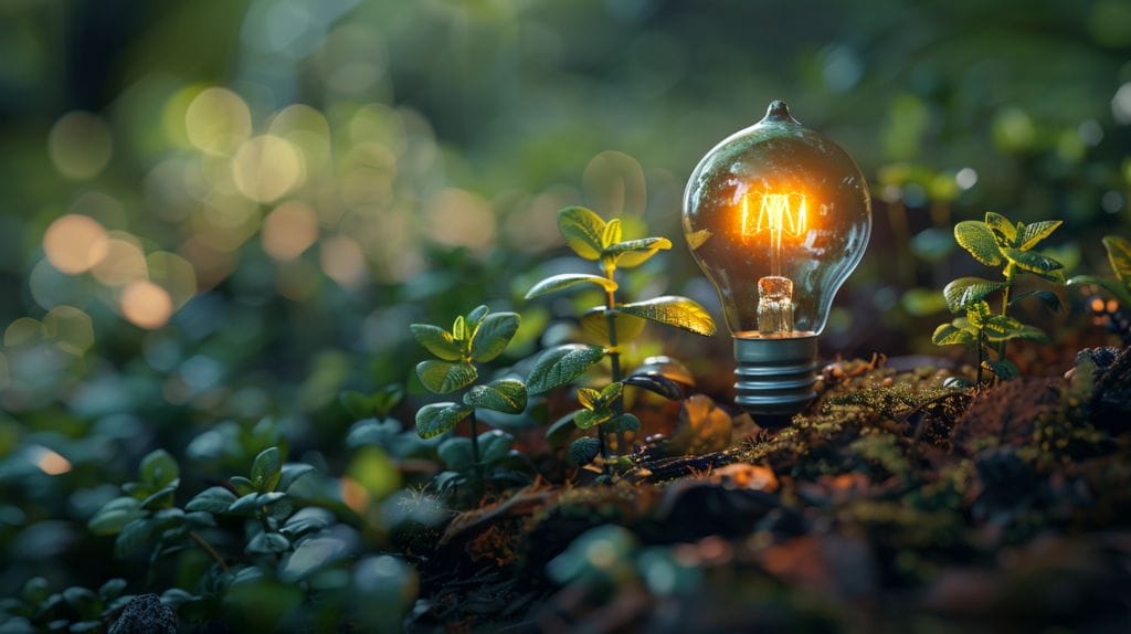 An LED light bulb against a nature background