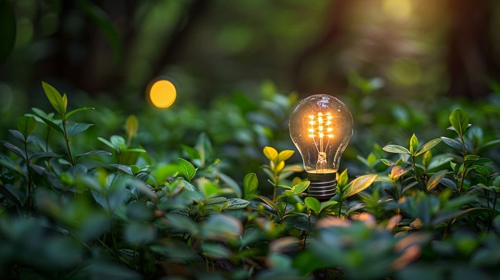 An LED light bulb against a nature background, signifying environmental friendliness