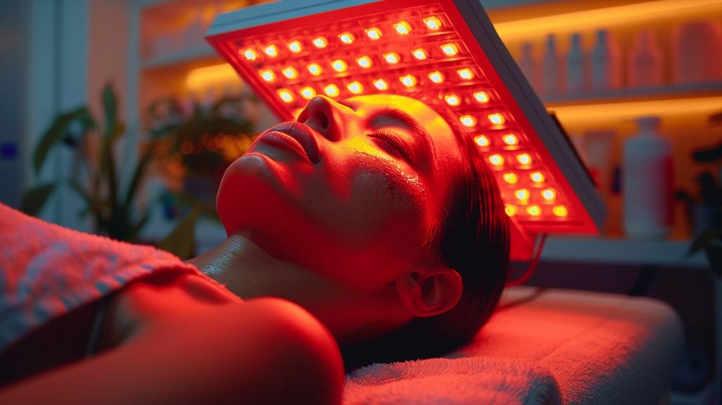 Led Light Therapy Dangers from An individual relaxing under a soothing LED light panel, showcasing the calming and rejuvenating benefits of LED light therapy