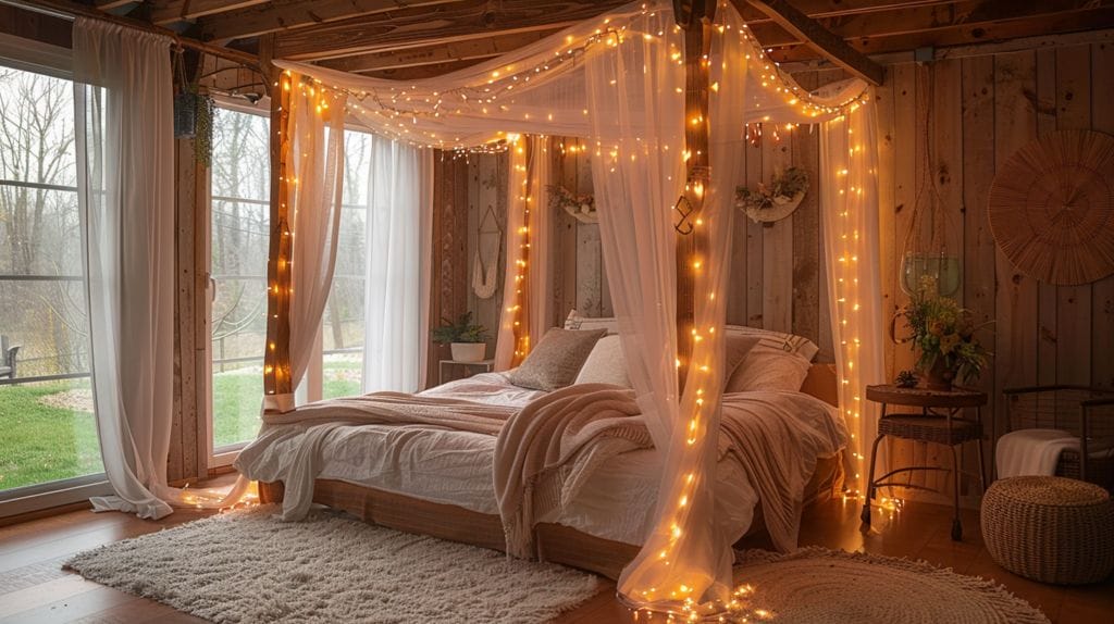 Bedroom with LED lights around bed frame, warm glow on walls and ceiling, DIY light projects.