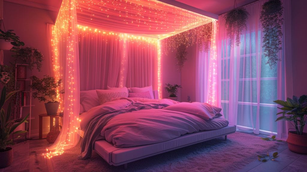 Bedroom with soft, colorful LED lights, warm glow on canopy bed, hanging plants, and fairy lights