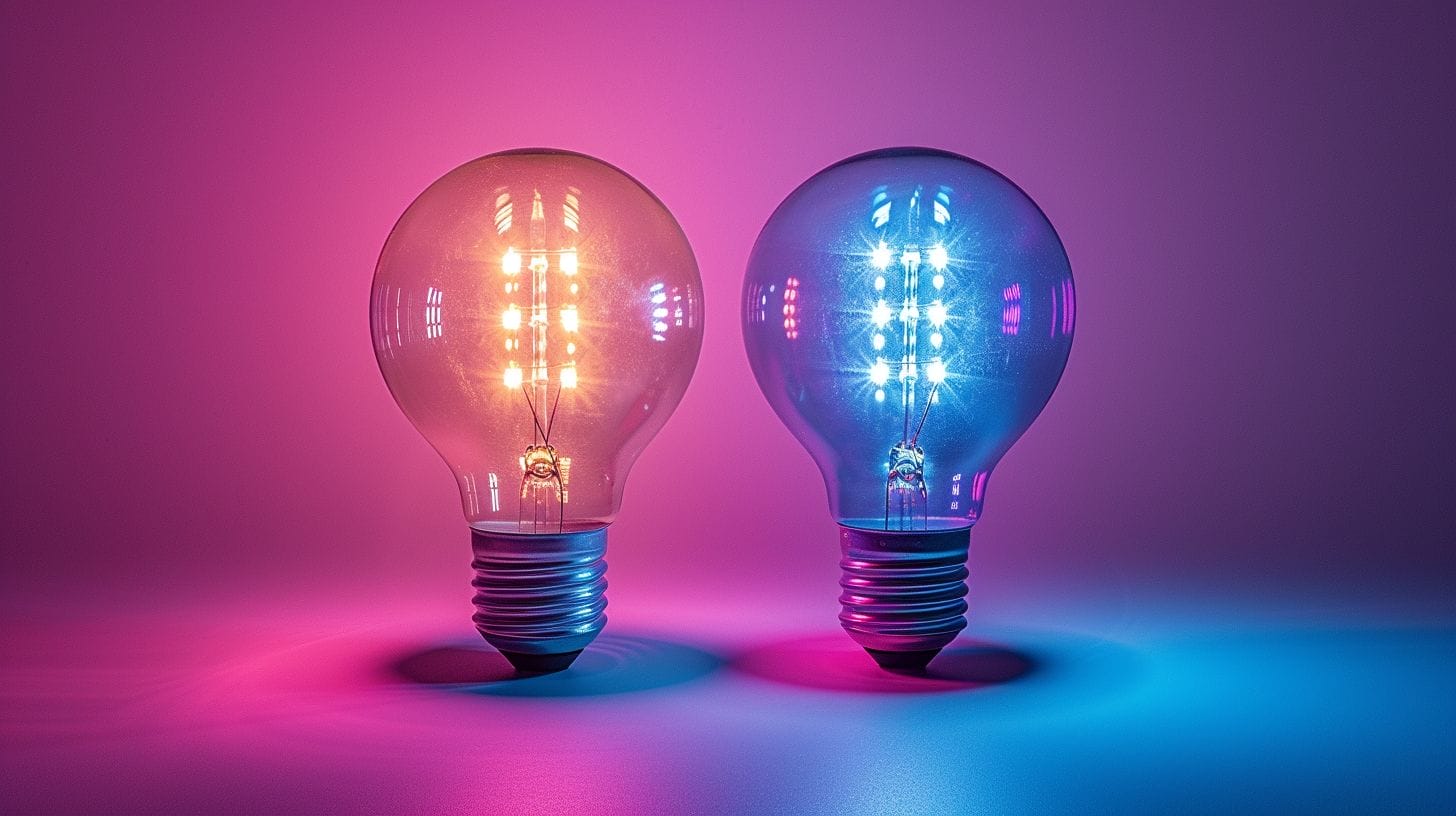 Blue LED bulb and purple UV lamp contrasted against a neutral background