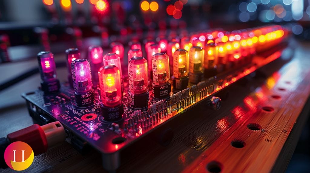 Breadboard circuit with blinking LEDs, resistors, capacitors, and transistors.