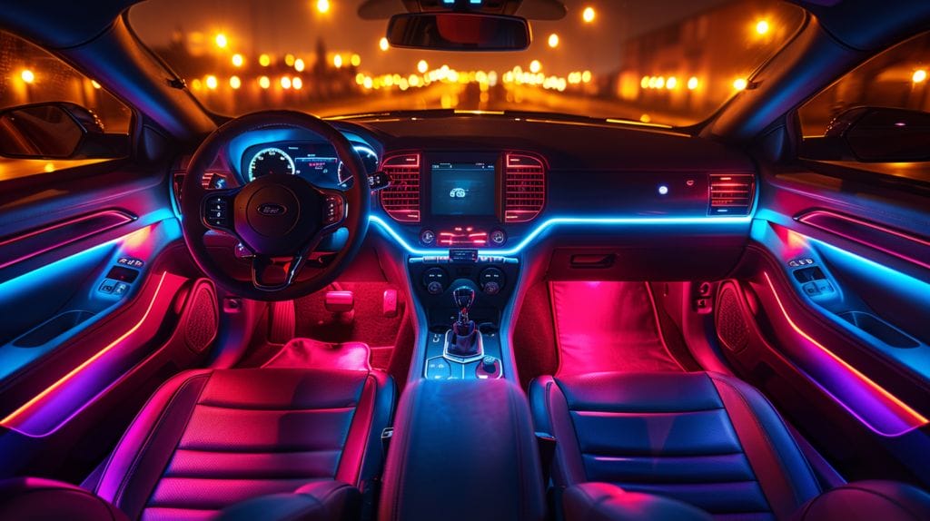 Fit LED Lights to Car featuring a Car interior with vibrant LED lights illuminating dashboard, footwells, door panels, and led taillights, showcasing colors and brightness levels.