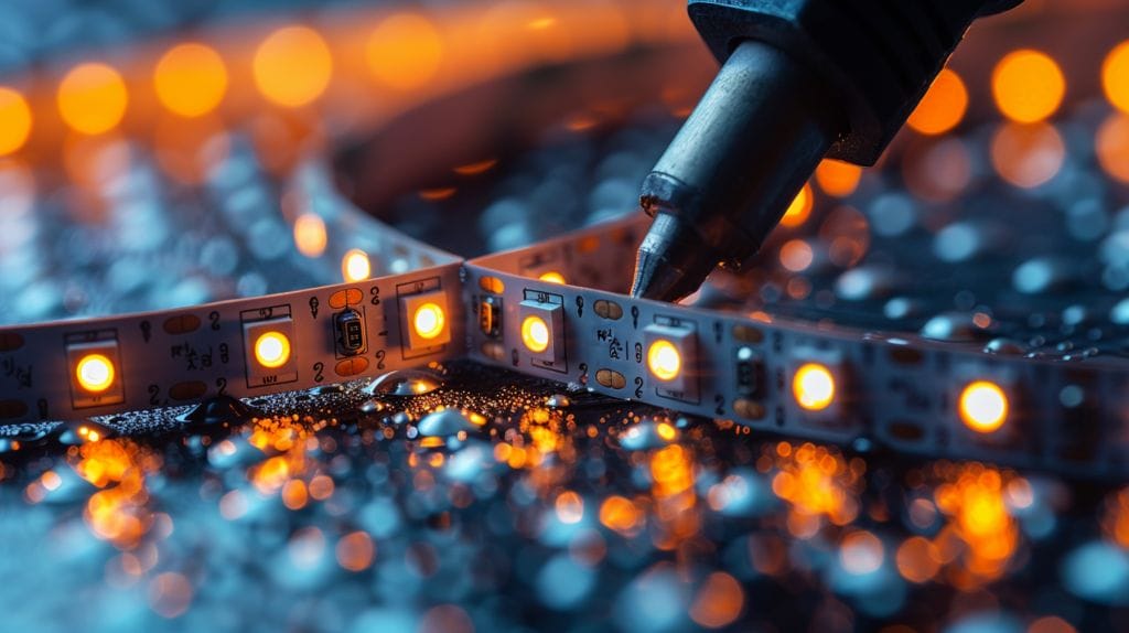 Close-up of LED strips being soldered without connectors
