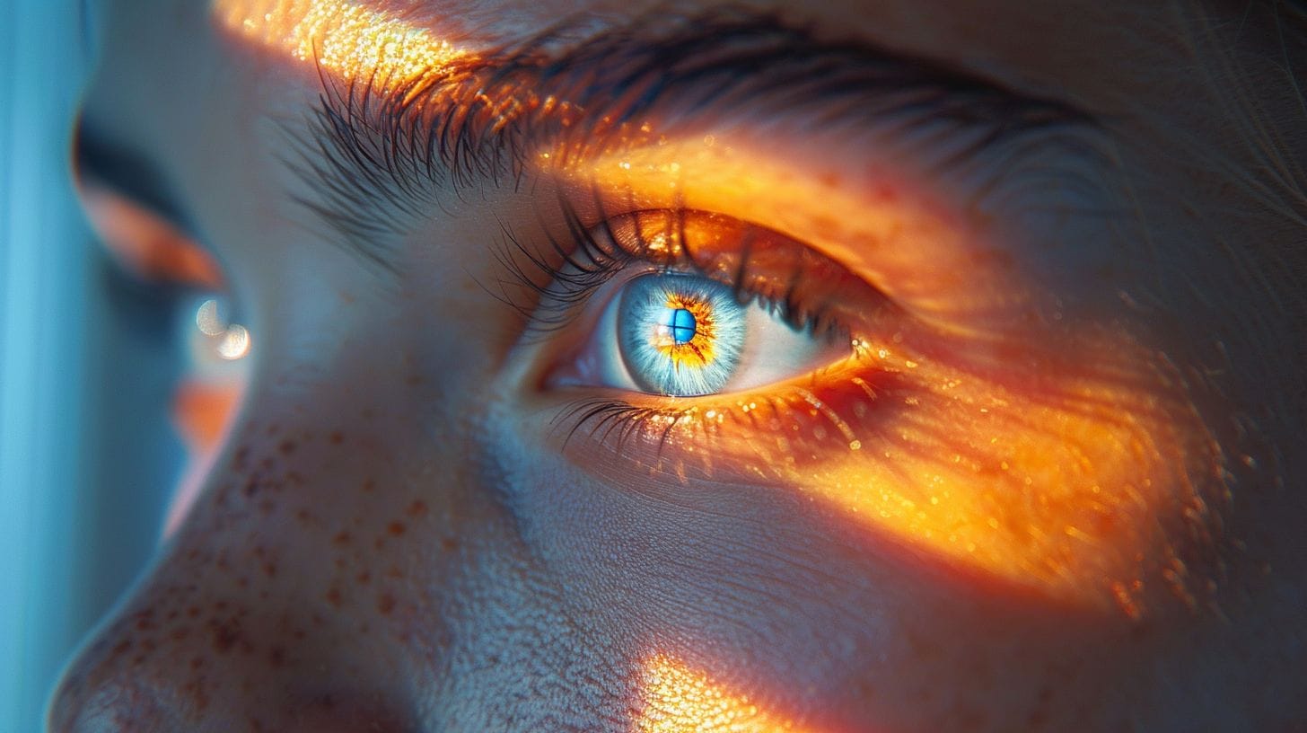 Close-up of a person's eyes looking at a bright LED light and a harsh fluorescent light, highlighting subtle differences in eye strain and discomfort.