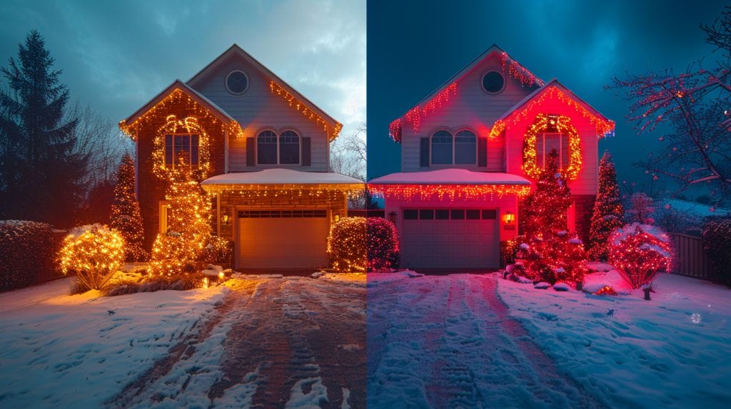 Comparative image of a house with potentially hazardous hot incandescent lights, and another with safe, cool-glowing LED lights.