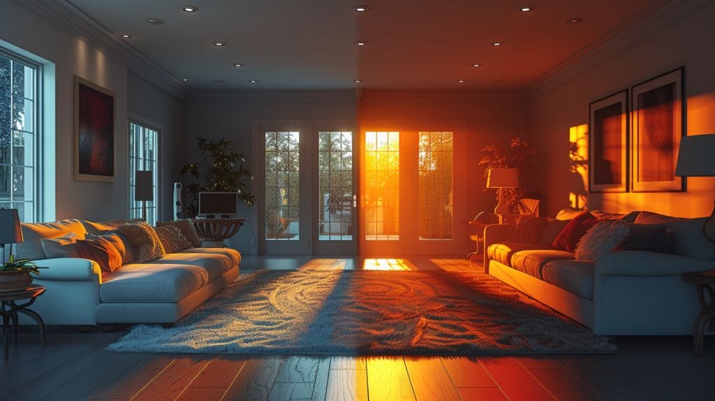 Contrast between a serene room with soft LED lighting and a room with harsh, glaring lights