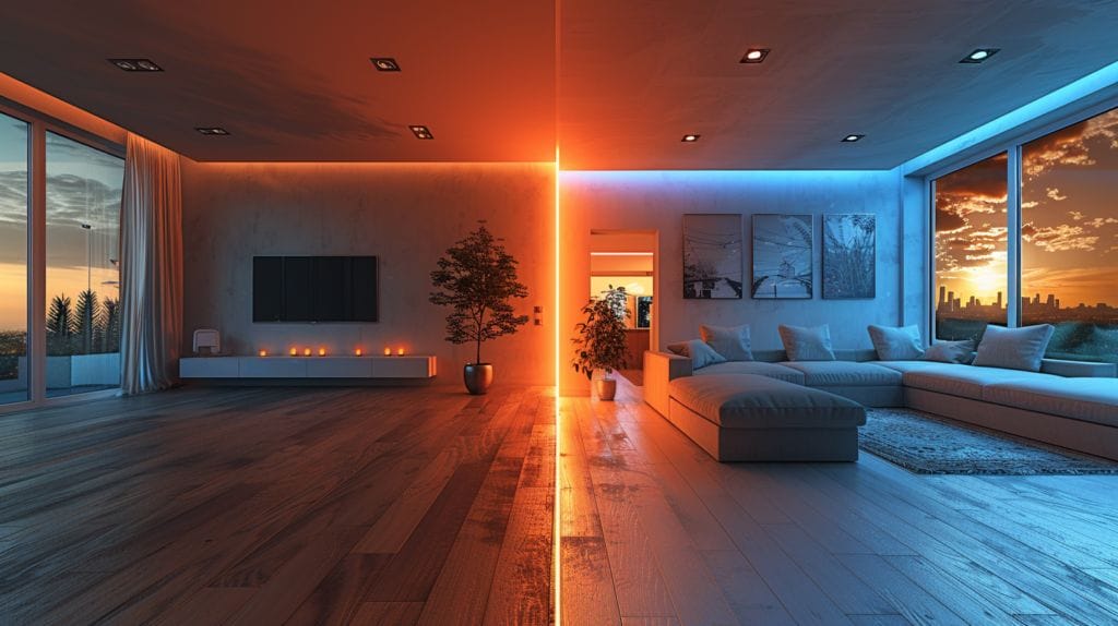 Contrasting scenes of a well-lit room with LED lights versus a dimly lit, outdated room, highlighting LED benefits