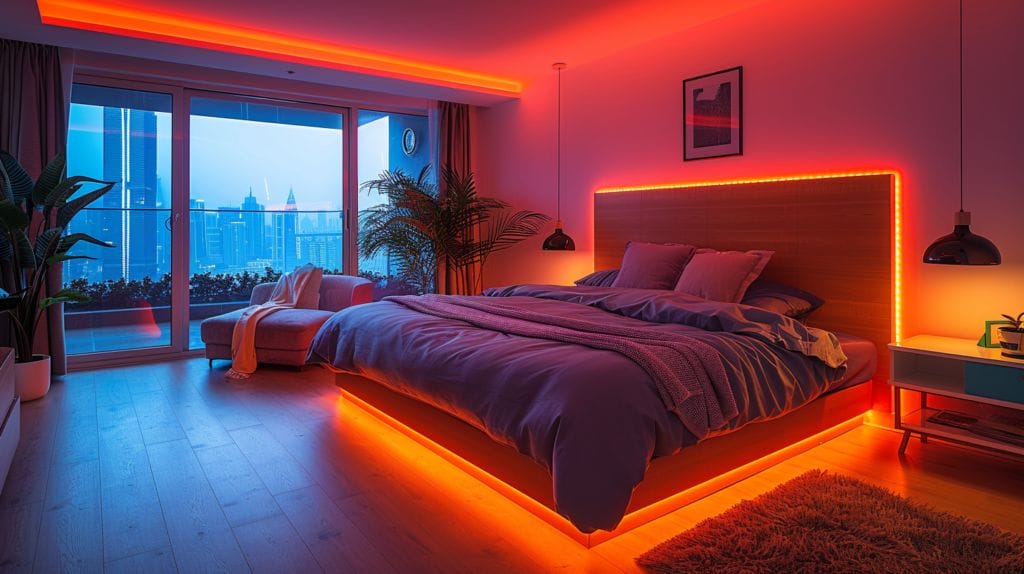 Cozy bedroom, LED strip lights, colorful ambiance, playful decor.