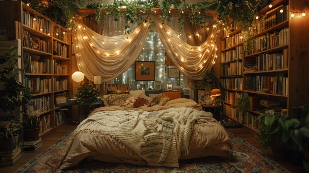 Cozy bedroom, canopy bed, string lights, fairy lights, bookshelf.