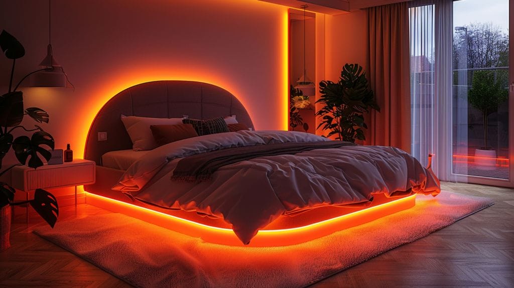 Cozy bedroom, integrated LED lights, warm glow, inviting atmosphere.