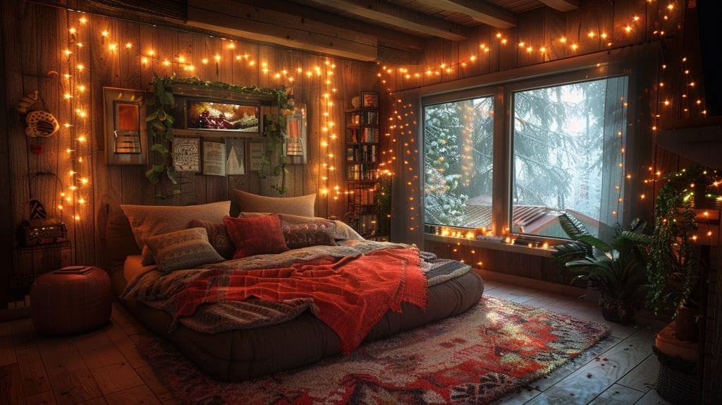 Cozy bedroom with ceiling LED lights, warm glow on bed with plush pillows and cozy blanket.