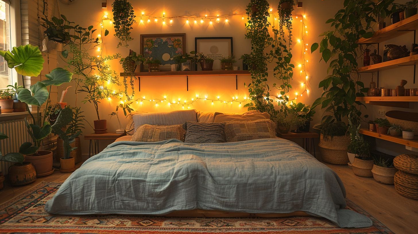 Cozy bedroom with glowing LED string lights, plush rug, soft blankets, and plants.