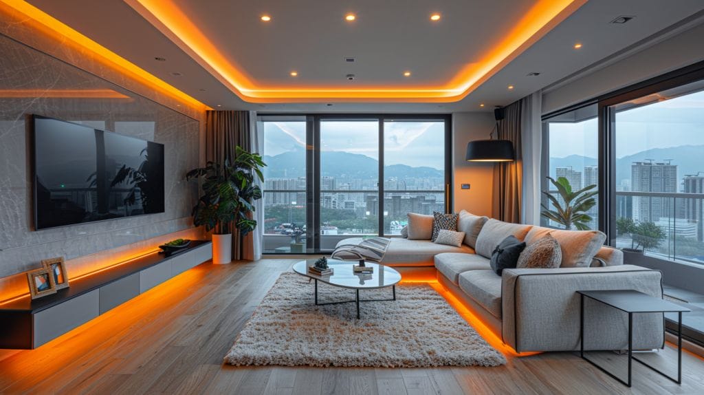 Cozy living room with LED lights highlighting ceiling and artwork.