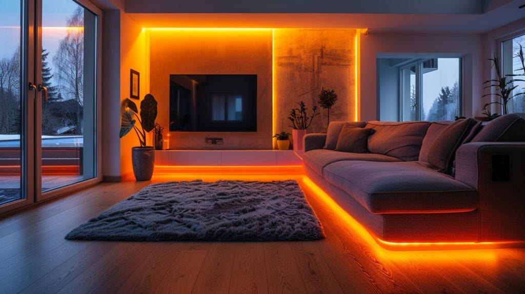 Cozy living room with golden LED lights.