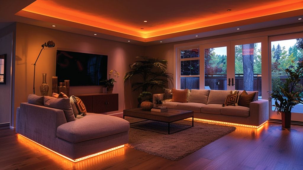 Cozy living room with recessed LED lights, artwork, and accentuated shelves.