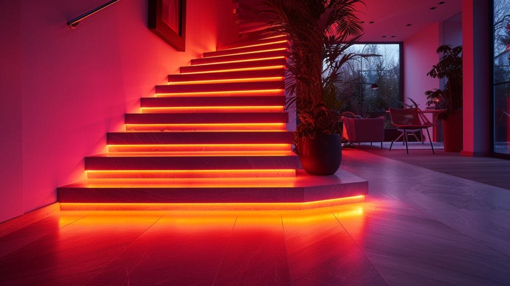 LED Light Strips on Stairs featuring Cozy staircase with vibrant LED lights under steps enhancing safety