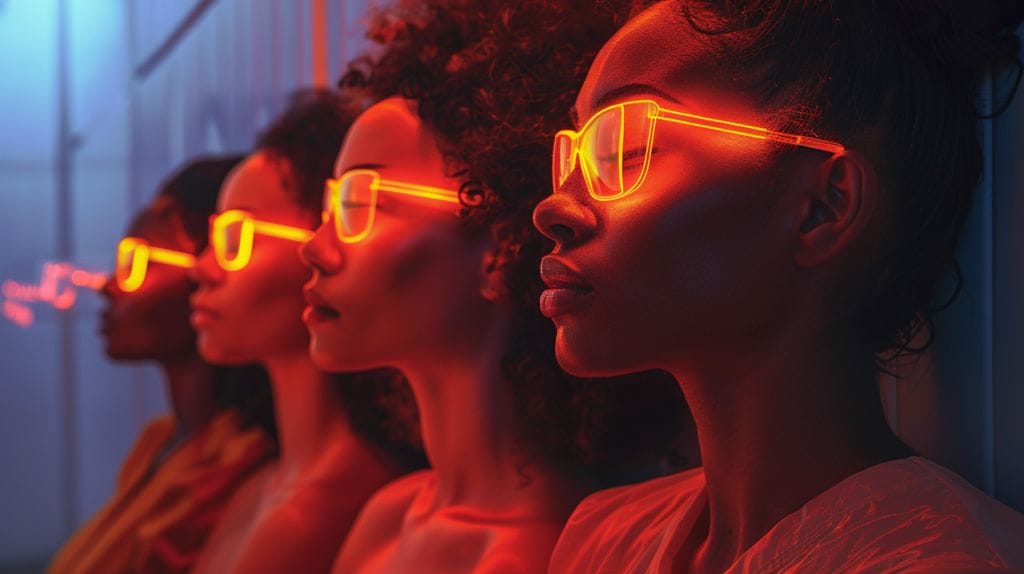 Diverse individuals undergoing LED light therapy as an expert dispels misconceptions, emphasizing safety and debunking dangers