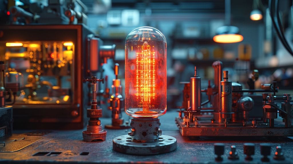 First red LED light emission in a vintage lab.