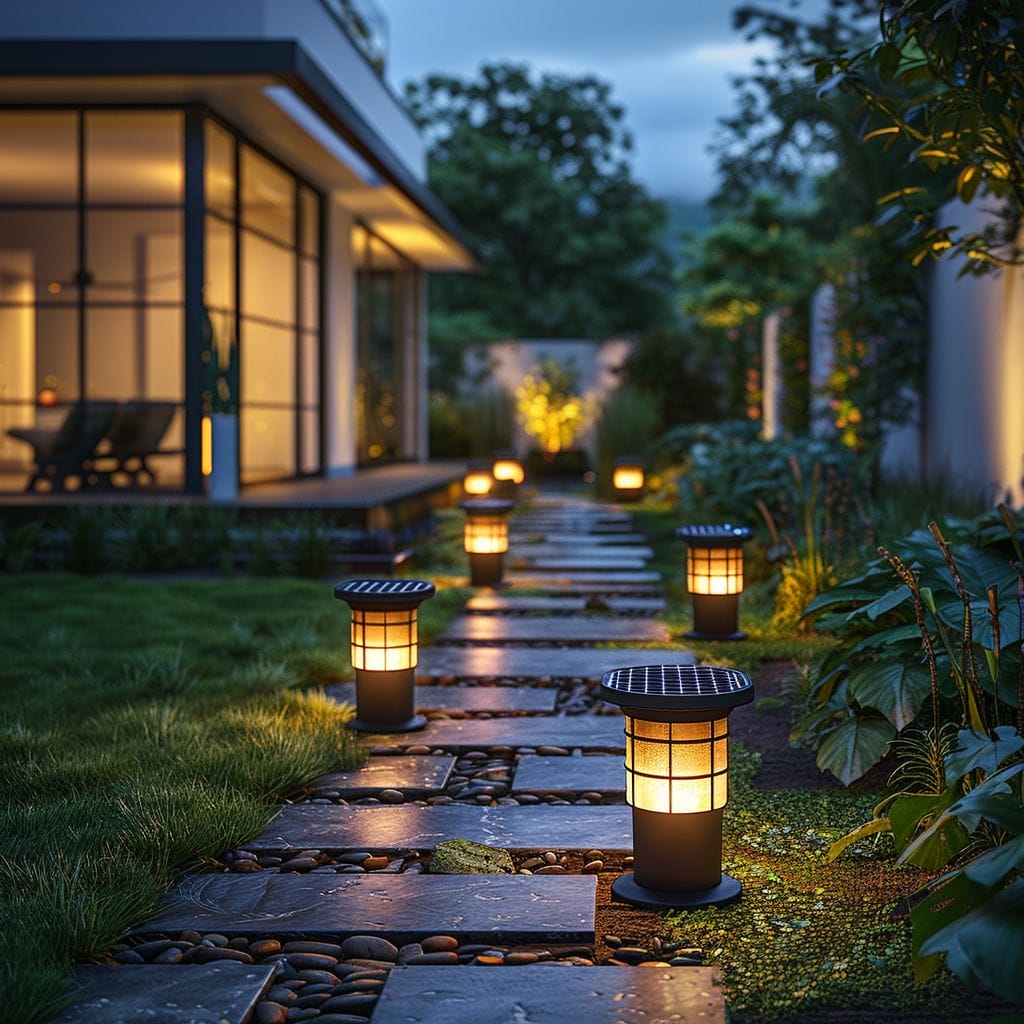 Front yard with solar lights along pathway