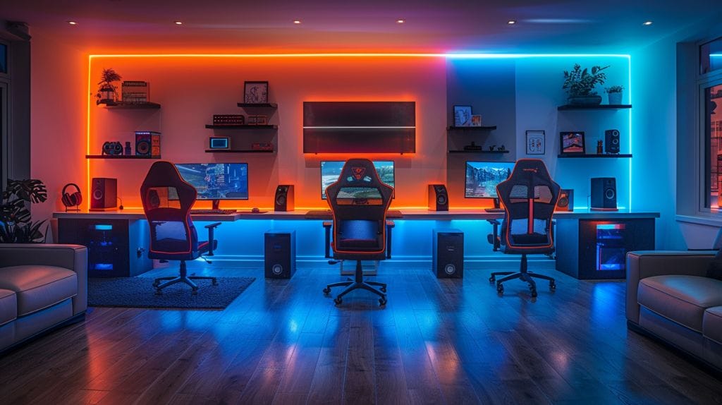 Gaming room with various LED lights.