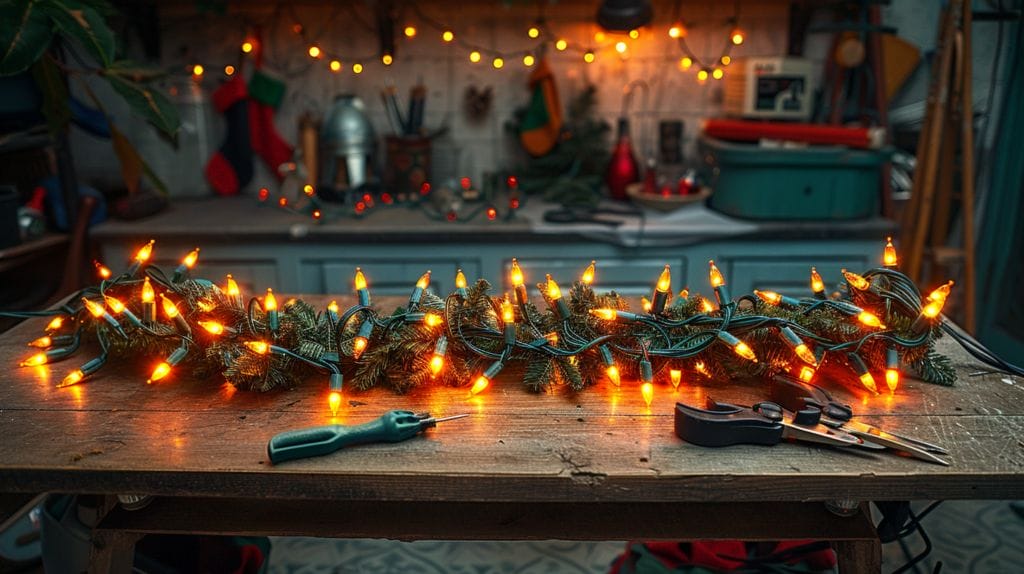 Half strand of LED Christmas lights with a section out, lights tangled and messy, tools nearby for fixing lights, handling issues like loose bulbs or replacing the plastic seat of the bulb