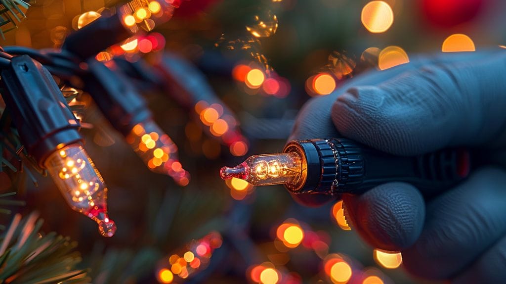 Half strand of LED Christmas lights with some bulbs out, person using voltage tester to check for faulty bulbs, diagram illustrating bulb replacement, image of replacement fuses.