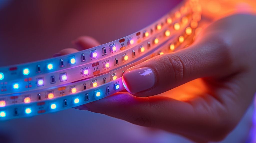 Hand choosing between warm and cool white LED strip lights