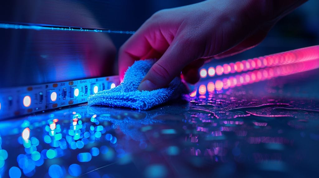 Hand cleaning surface with lint-free cloth for LED strip adhesion.