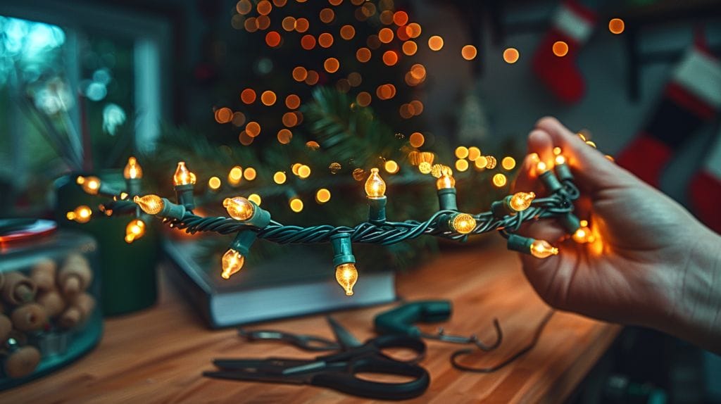 Hand holding a half-strand of LED Christmas lights with half of the bulbs out, wire cutters, replacement bulbs, and a repair guide book nearby.