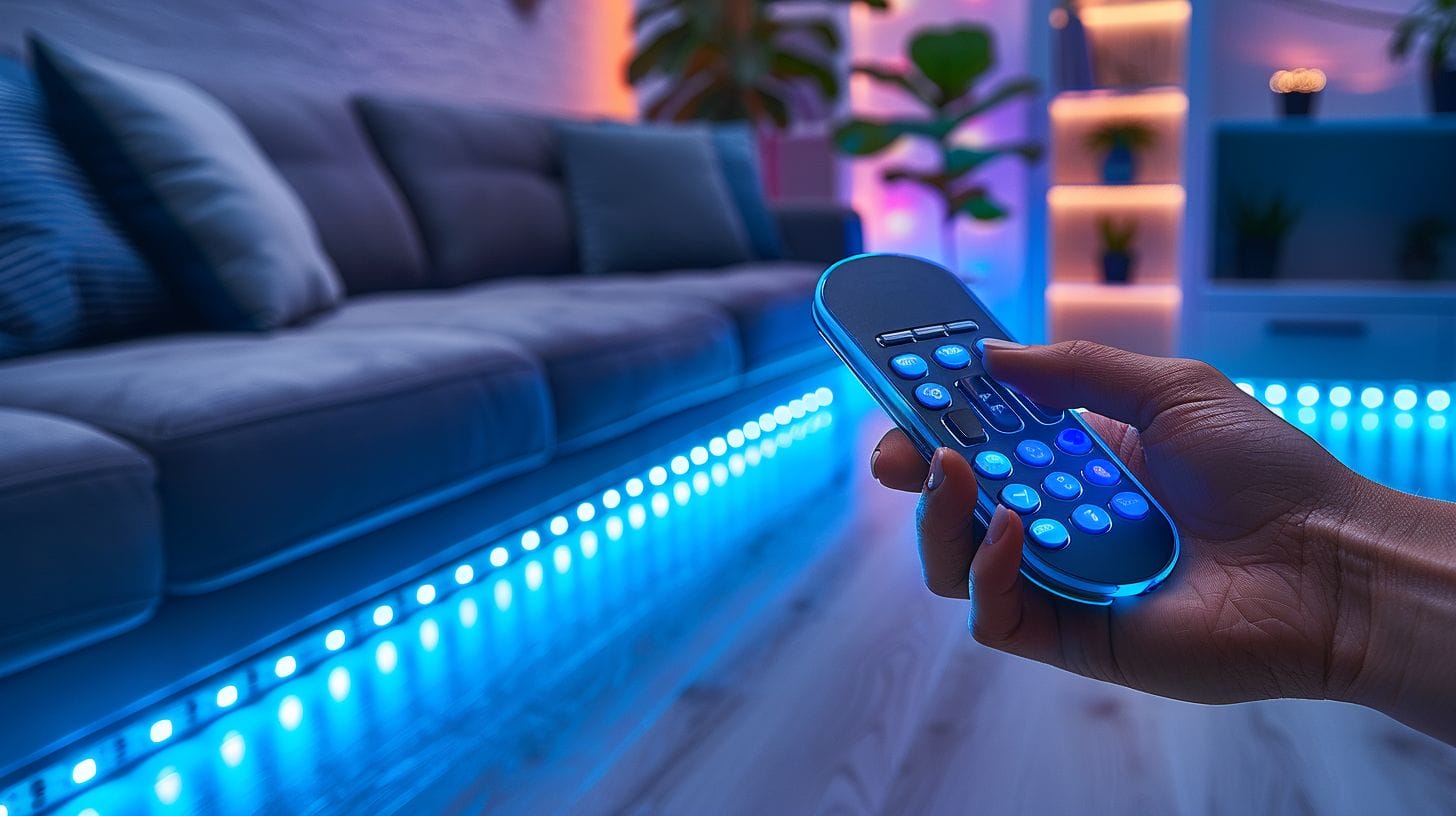 Hand holding an LED strip lights remote, finger pressing the reset button, close-up of reset button, soft glowing LED strip in the background.