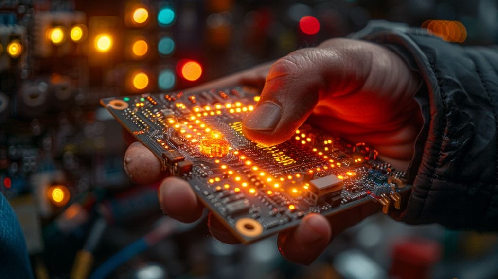 Hand holding microcontroller board with connected blinking LEDs.