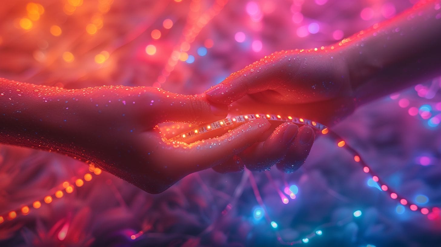 Hands connecting LED strips with connector, colorful LED background.