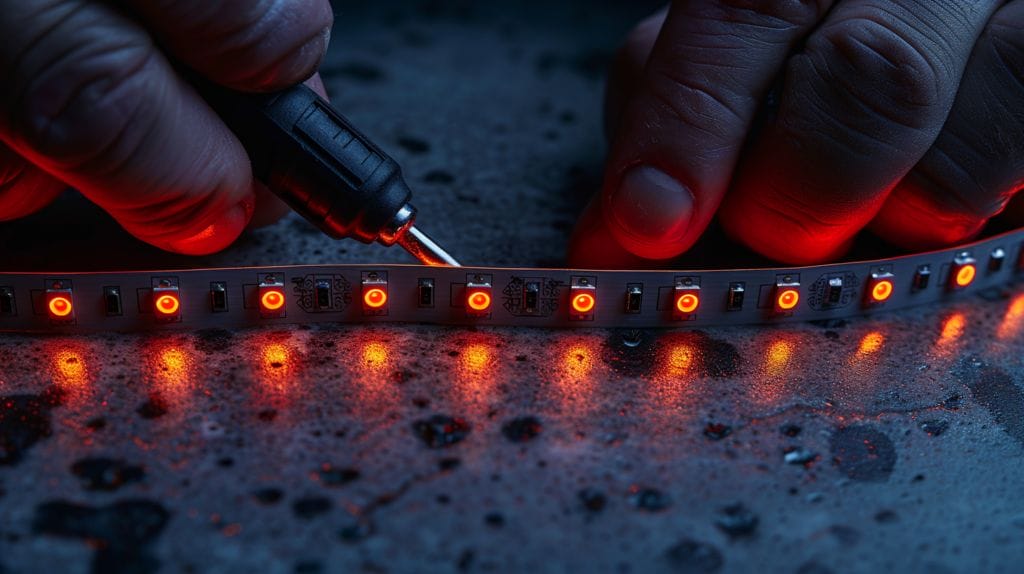 How To Connect LED Lights Together Without Connector featuring Hands splicing LED wires with soldering iron and heat shrink tubing.
