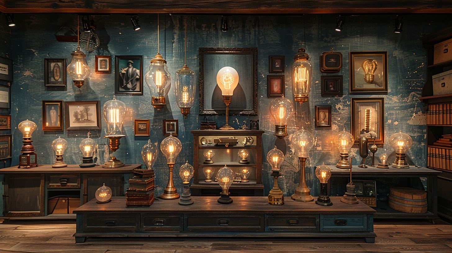 Historical light bulbs evolution display.