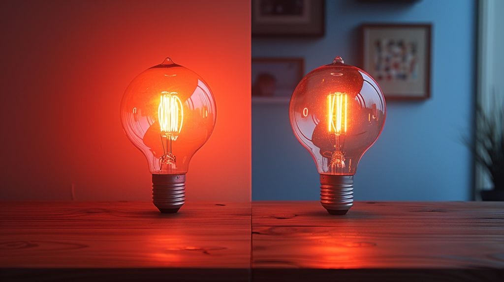 Image contrasting a warm, steady glow from an incandescent bulb with a flickering, cool light from an LED bulb, highlighting differences in brightness and consistency.
