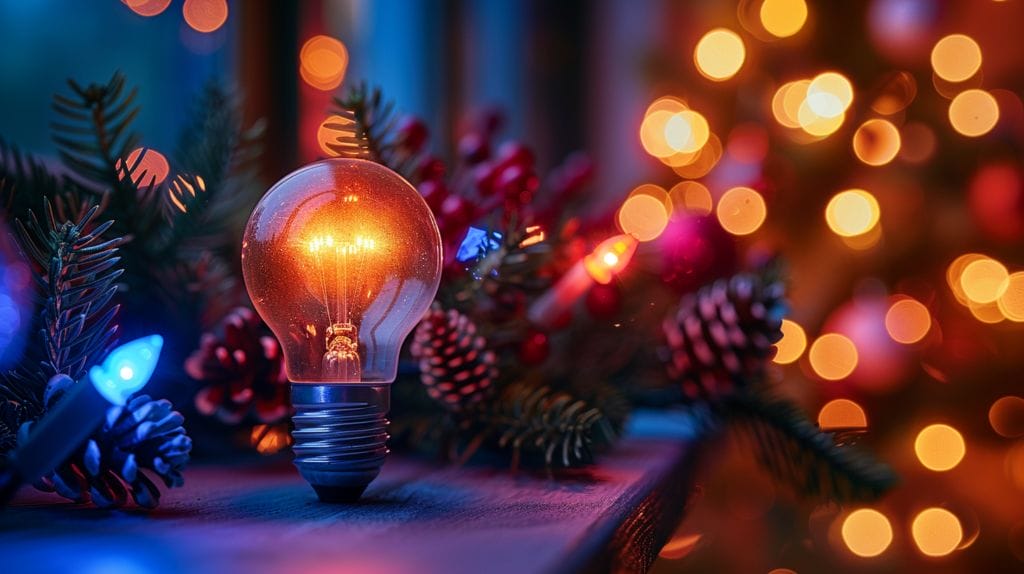 Image showing a bright incandescent Christmas light bulb on a tree next to a vibrant, energy-efficient LED light bulb