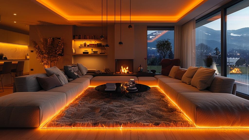 Living room with hidden LED strip lights and a warm dimmable floor lamp.