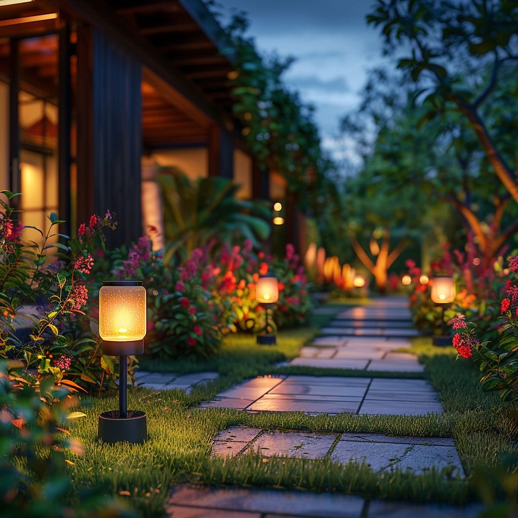 Lush garden at night with bright solar light