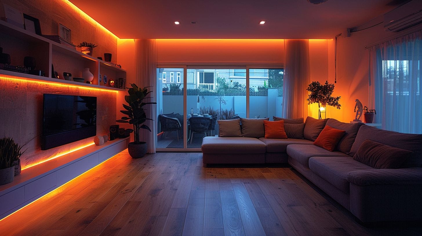 Modern, cozy living room illuminated by warm LED lighting.